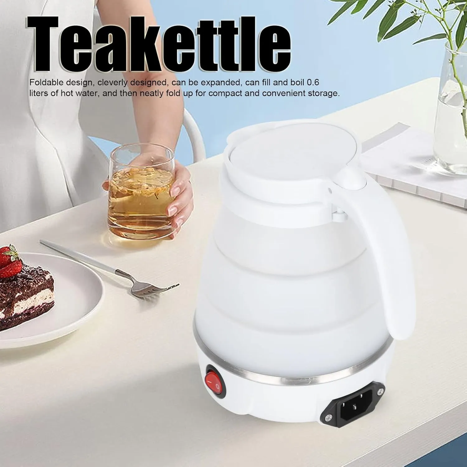 600ml Travel Foldable Electric Kettle, Electric Kettle Food Grade Silicone Small Electric Kettle Boiling Wate（400W US Plug 110V)(White)