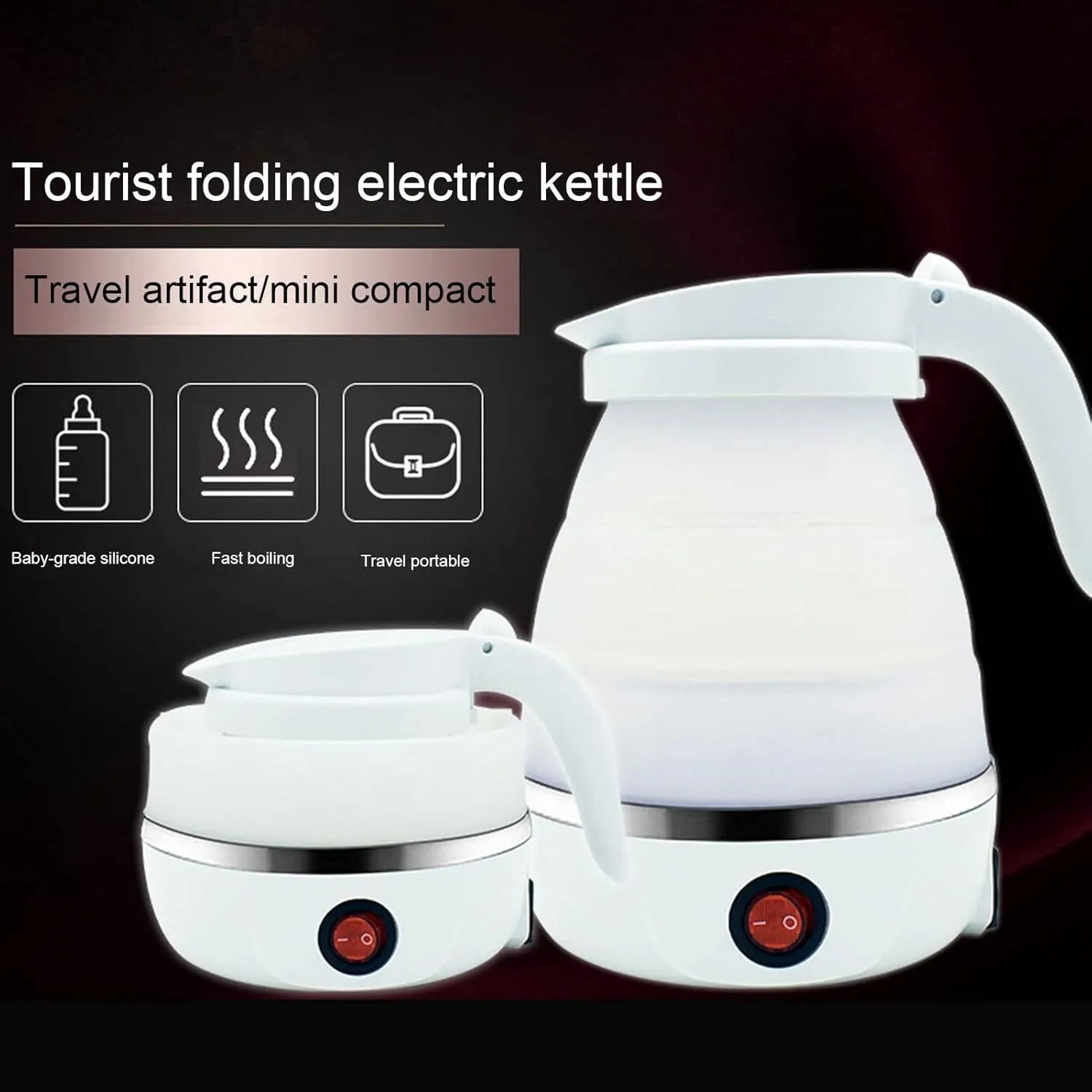 600ml Travel Foldable Electric Kettle, Electric Kettle Food Grade Silicone Small Electric Kettle Boiling Wate（400W US Plug 110V)(White)