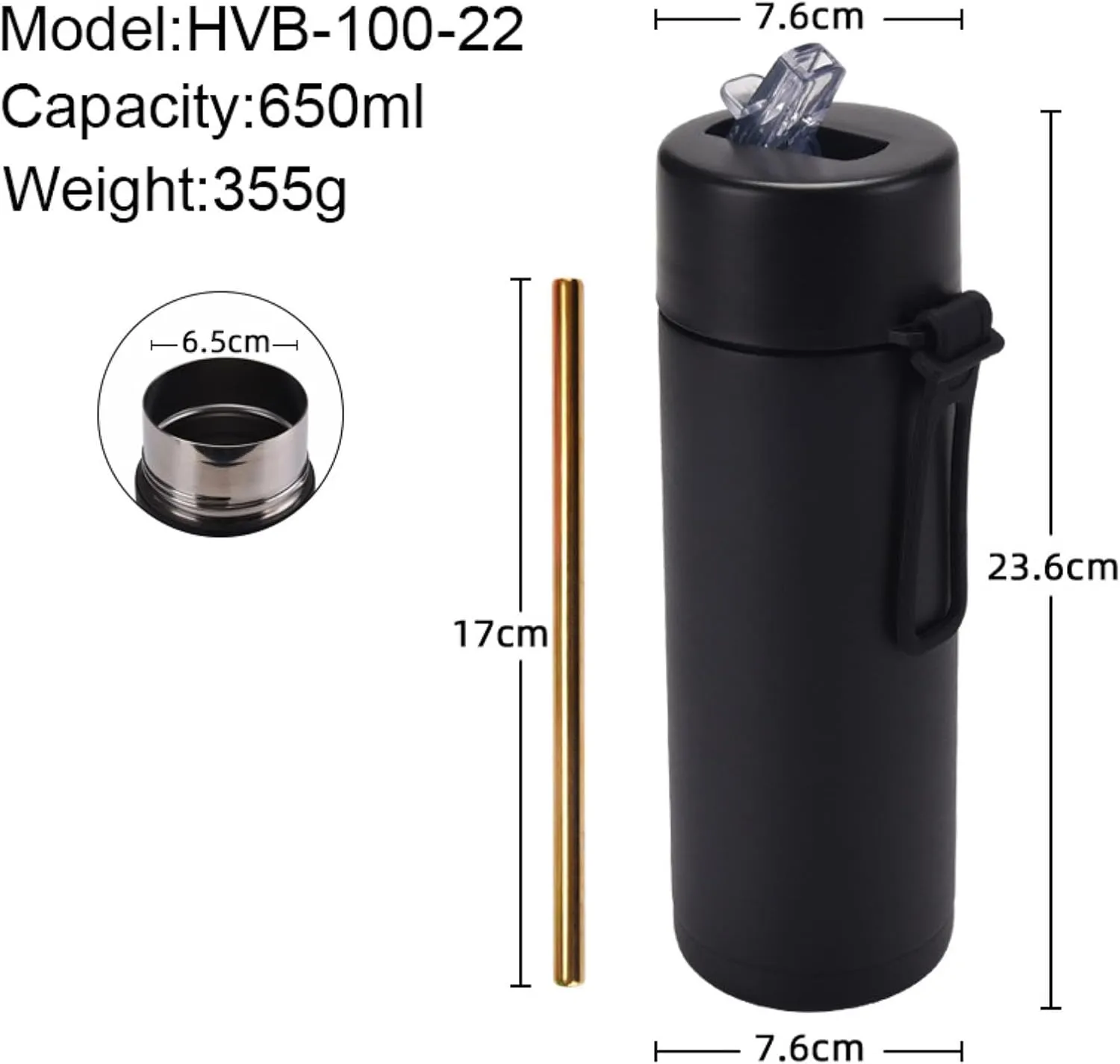 650ml/22oz Portable Silicone Handle Sports Kettle American Large Mouth Stainless Steel Insulated Cup-black