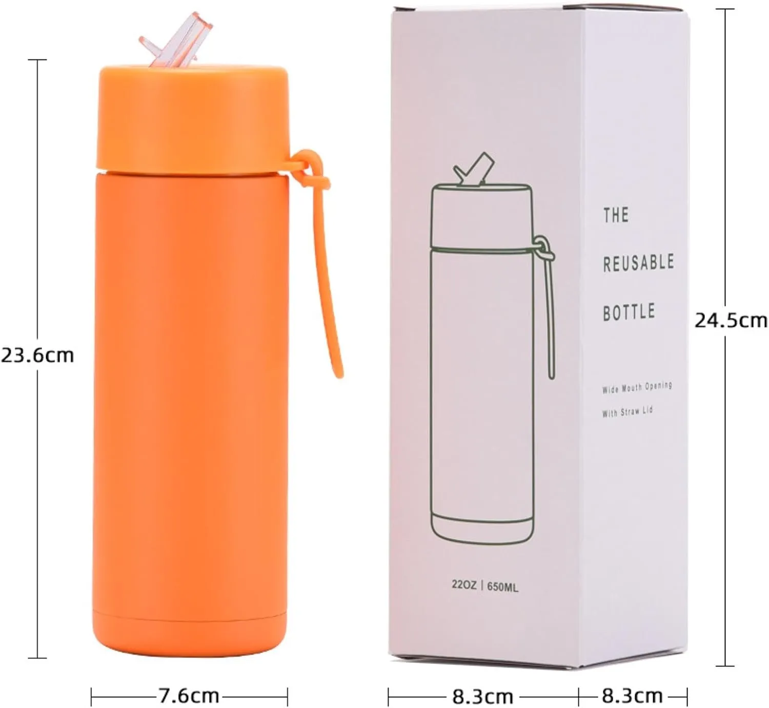 650ml/22oz Portable Silicone Handle Sports Kettle American Large Mouth Stainless Steel Insulated Cup-Light pink