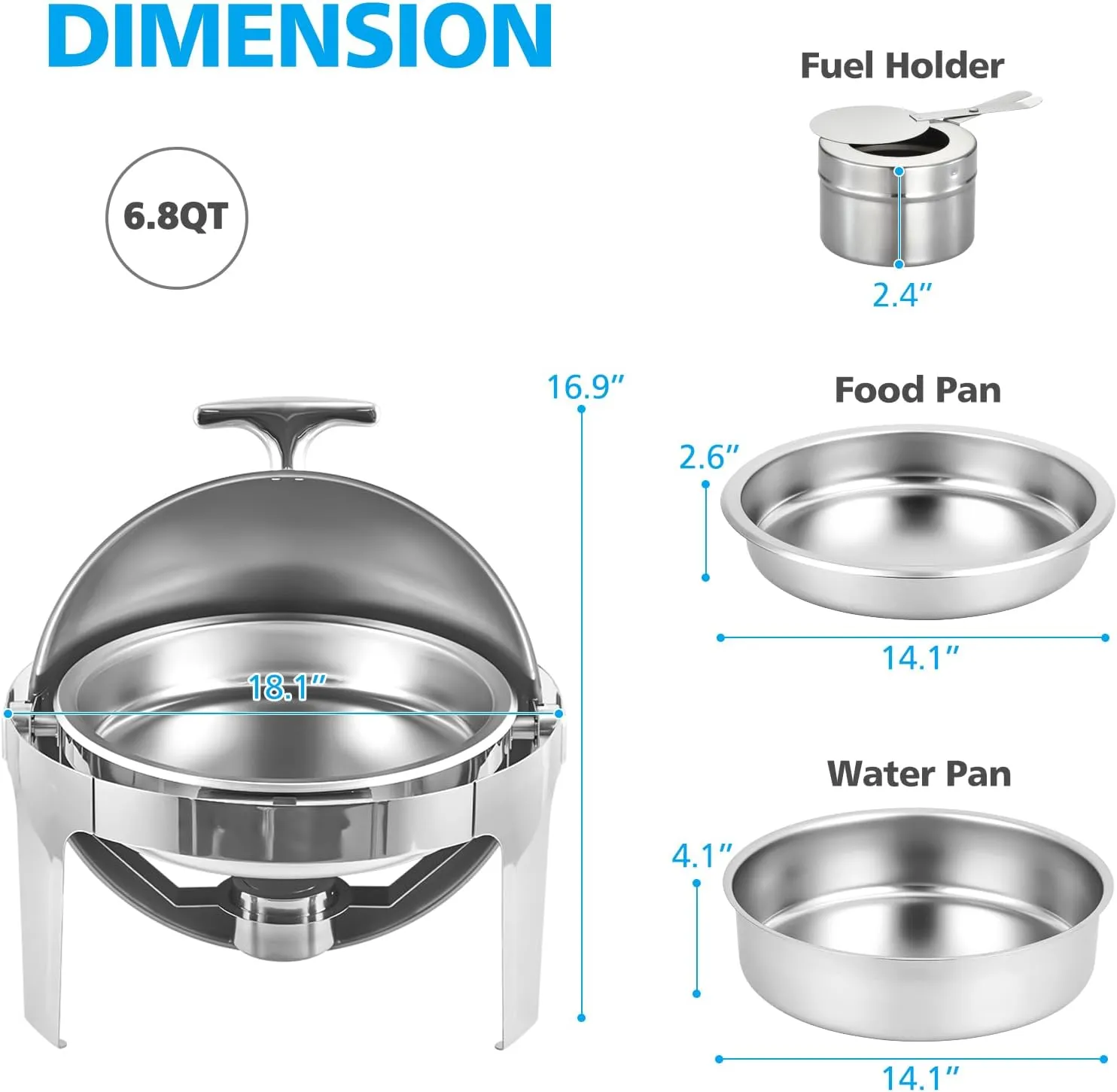 6.8 Qt Round Chafing Dish Buffet Set, Stainless Steel Roll Top Chafing Dishes with Fuel Holder, Water Pan, Chafers and Buffet Warmer Set for Catering, Party, Banquet