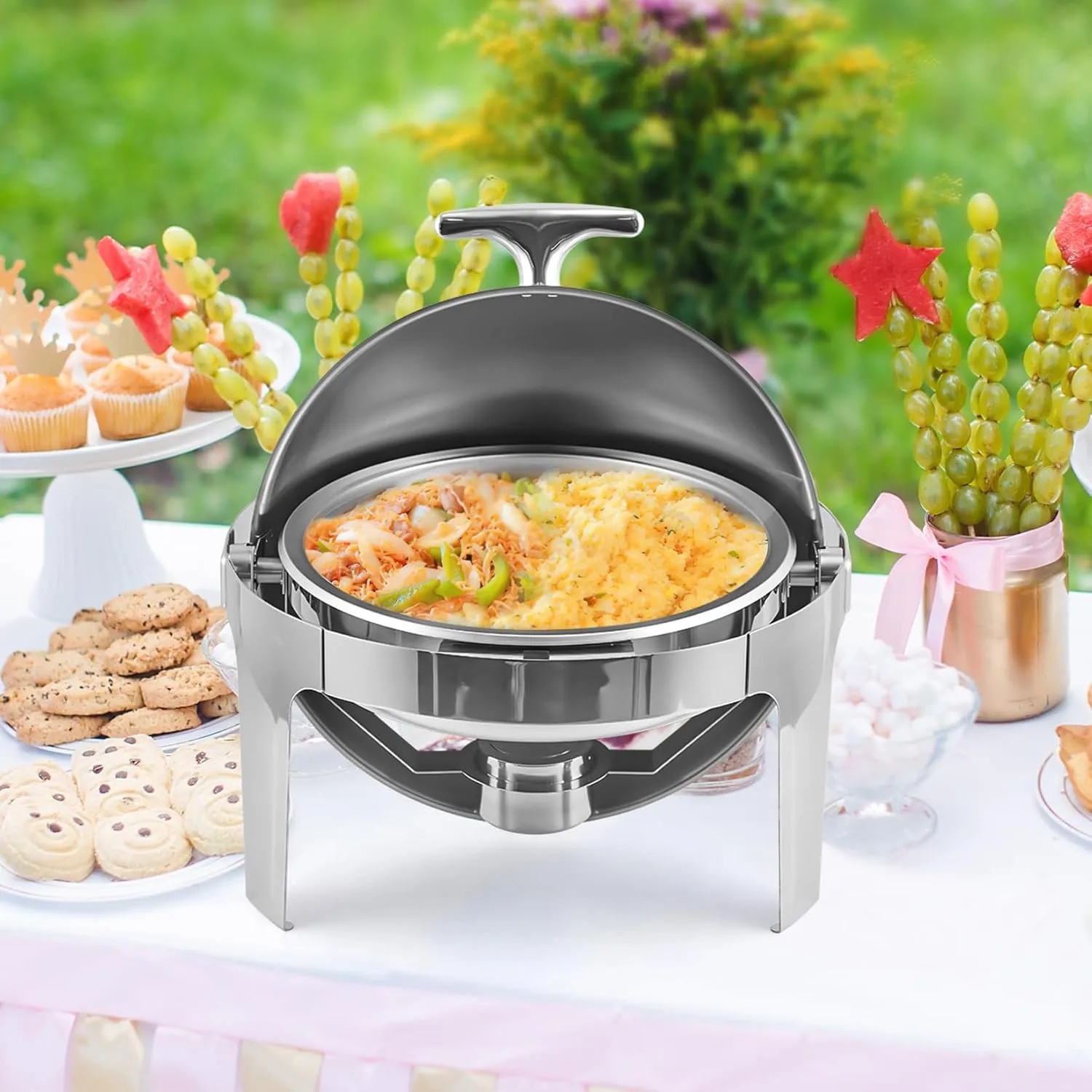 6.8 Qt Round Chafing Dish Buffet Set, Stainless Steel Roll Top Chafing Dishes with Fuel Holder, Water Pan, Chafers and Buffet Warmer Set for Catering, Party, Banquet