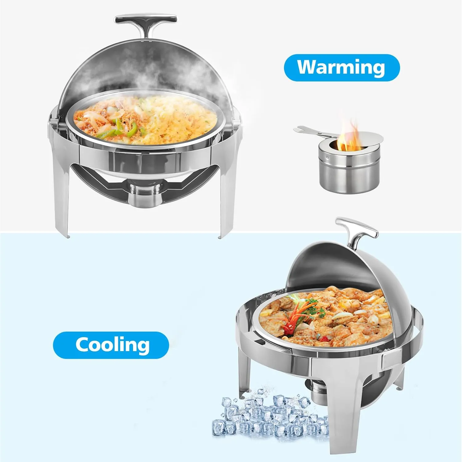 6.8 Qt Round Chafing Dish Buffet Set, Stainless Steel Roll Top Chafing Dishes with Fuel Holder, Water Pan, Chafers and Buffet Warmer Set for Catering, Party, Banquet