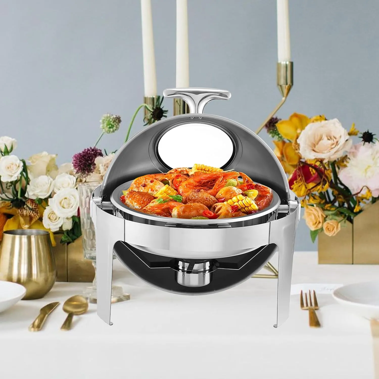 6.8 Qt Round Chafing Dish Buffet Set, Stainless Steel Roll Top Chafing Dishes with Visible Window & Fuel Holder, Water Pan, Chafers and Buffet Warmer Set for Catering, Party, Banquet