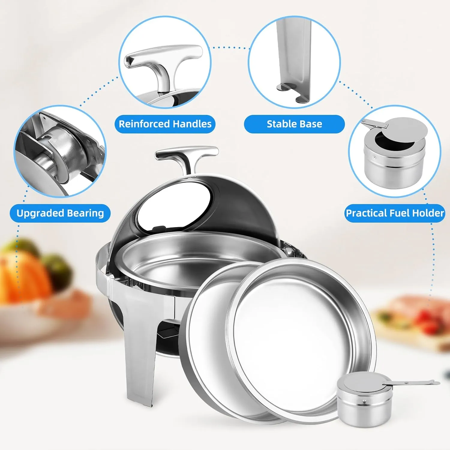 6.8 Qt Round Chafing Dish Buffet Set, Stainless Steel Roll Top Chafing Dishes with Visible Window & Fuel Holder, Water Pan, Chafers and Buffet Warmer Set for Catering, Party, Banquet