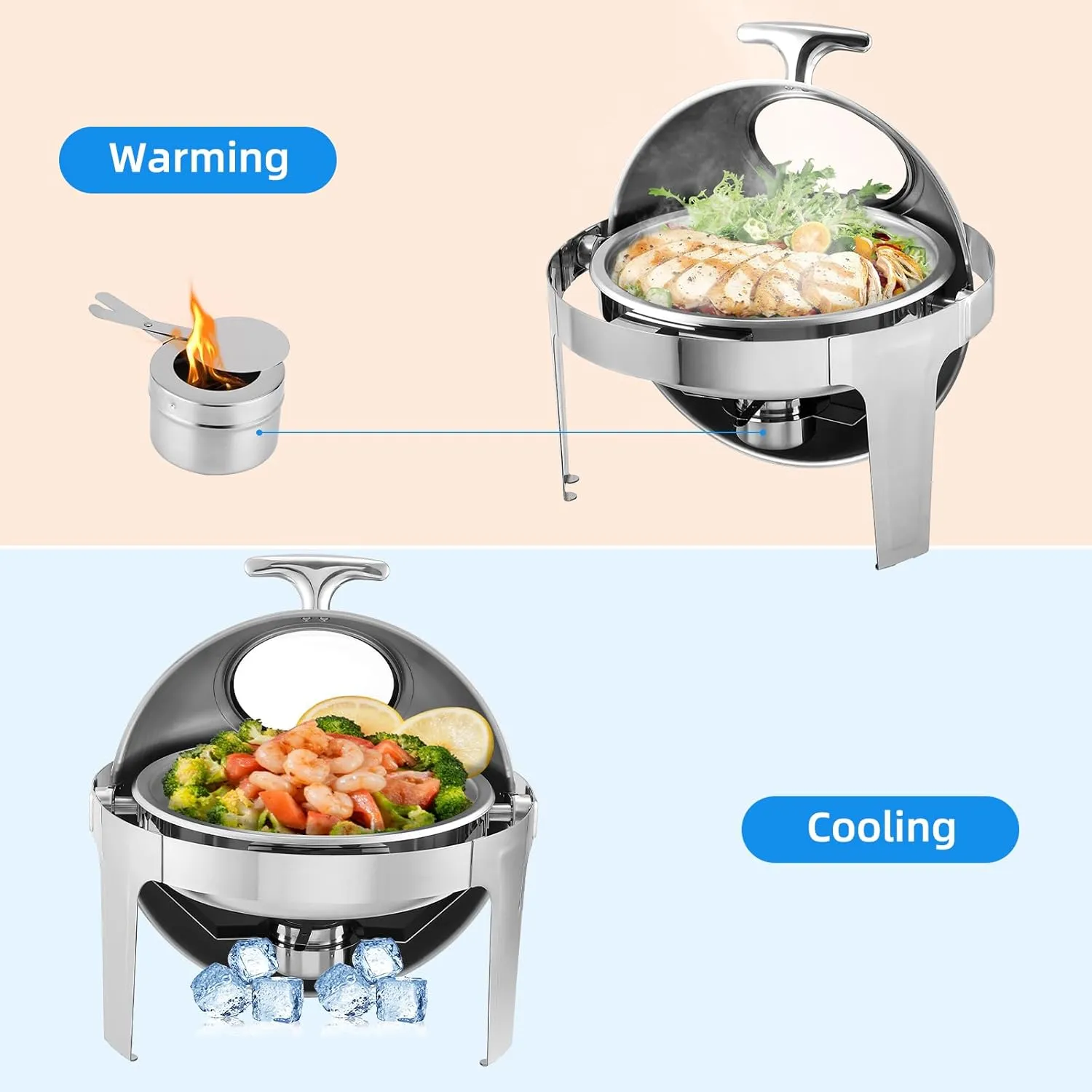 6.8 Qt Round Chafing Dish Buffet Set, Stainless Steel Roll Top Chafing Dishes with Visible Window & Fuel Holder, Water Pan, Chafers and Buffet Warmer Set for Catering, Party, Banquet
