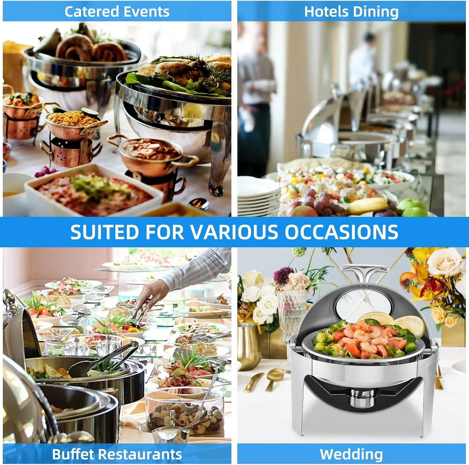 6.8 Qt Round Chafing Dish Buffet Set, Stainless Steel Roll Top Chafing Dishes with Visible Window & Fuel Holder, Water Pan, Chafers and Buffet Warmer Set for Catering, Party, Banquet