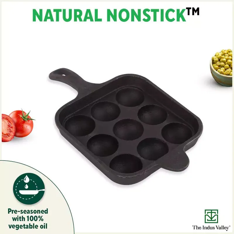9 Pit/Cup CASTrong Cast Iron Paniyaram/Appe pan  Free Spatula, Square, Long handle, Pre-seasoned, Nonstick, 100% Pure, Toxin-free, 18.5cm, 2.4kg