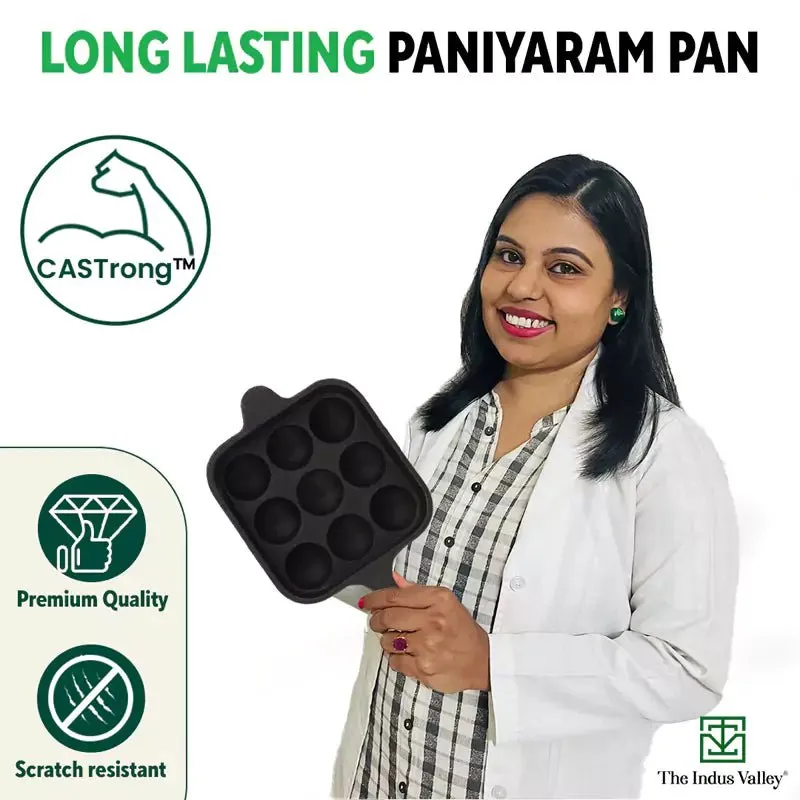 9 Pit/Cup CASTrong Cast Iron Paniyaram/Appe pan  Free Spatula, Square, Long handle, Pre-seasoned, Nonstick, 100% Pure, Toxin-free, 18.5cm, 2.4kg