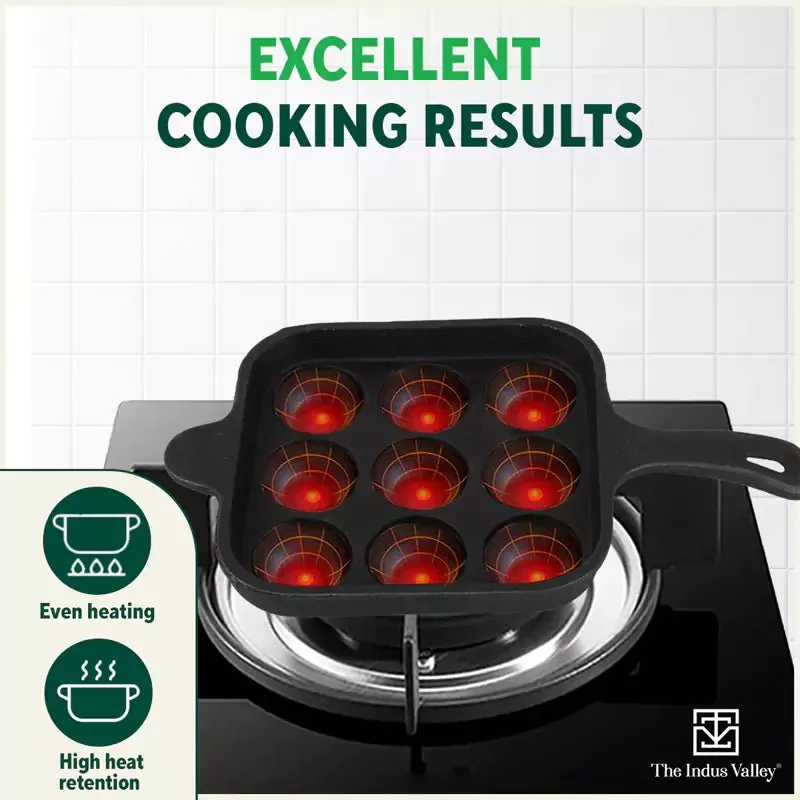 9 Pit/Cup CASTrong Cast Iron Paniyaram/Appe pan  Free Spatula, Square, Long handle, Pre-seasoned, Nonstick, 100% Pure, Toxin-free, 18.5cm, 2.4kg