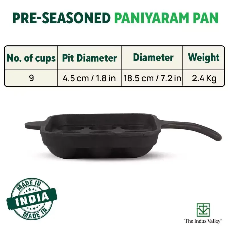 9 Pit/Cup CASTrong Cast Iron Paniyaram/Appe pan  Free Spatula, Square, Long handle, Pre-seasoned, Nonstick, 100% Pure, Toxin-free, 18.5cm, 2.4kg