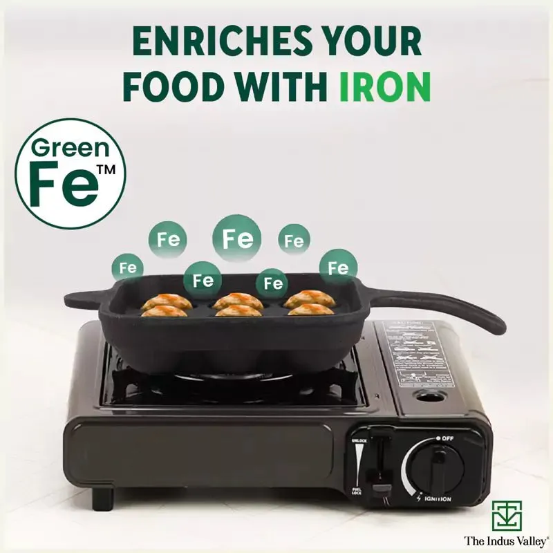 9 Pit/Cup CASTrong Cast Iron Paniyaram/Appe pan  Free Spatula, Square, Long handle, Pre-seasoned, Nonstick, 100% Pure, Toxin-free, 18.5cm, 2.4kg
