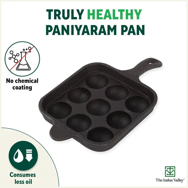 9 Pit/Cup CASTrong Cast Iron Paniyaram/Appe pan  Free Spatula, Square, Long handle, Pre-seasoned, Nonstick, 100% Pure, Toxin-free, 18.5cm, 2.4kg