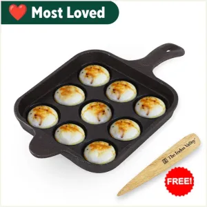 9 Pit/Cup CASTrong Cast Iron Paniyaram/Appe pan  Free Spatula, Square, Long handle, Pre-seasoned, Nonstick, 100% Pure, Toxin-free, 18.5cm, 2.4kg