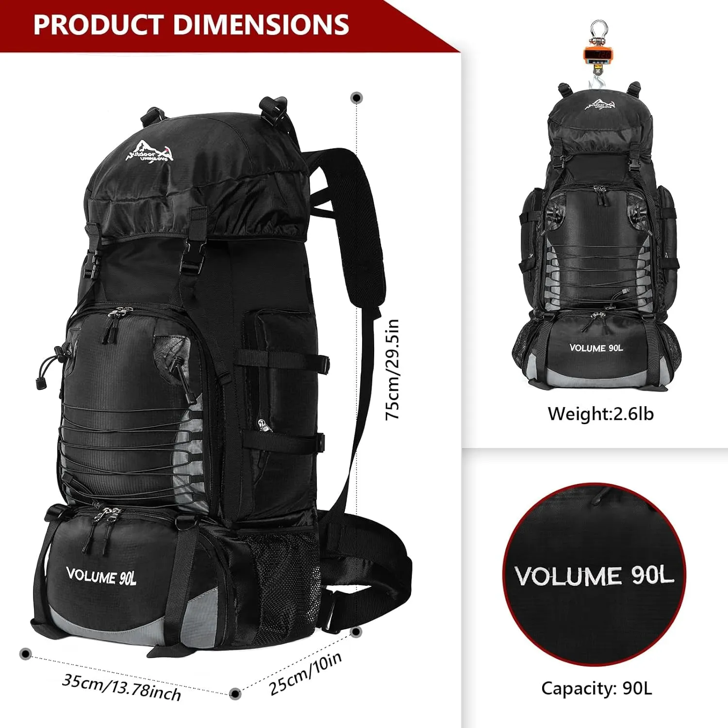 90L Hiking Backpack, Waterproof Camping Bag with Rain Cover, Lightweight Backpacking Back Pack