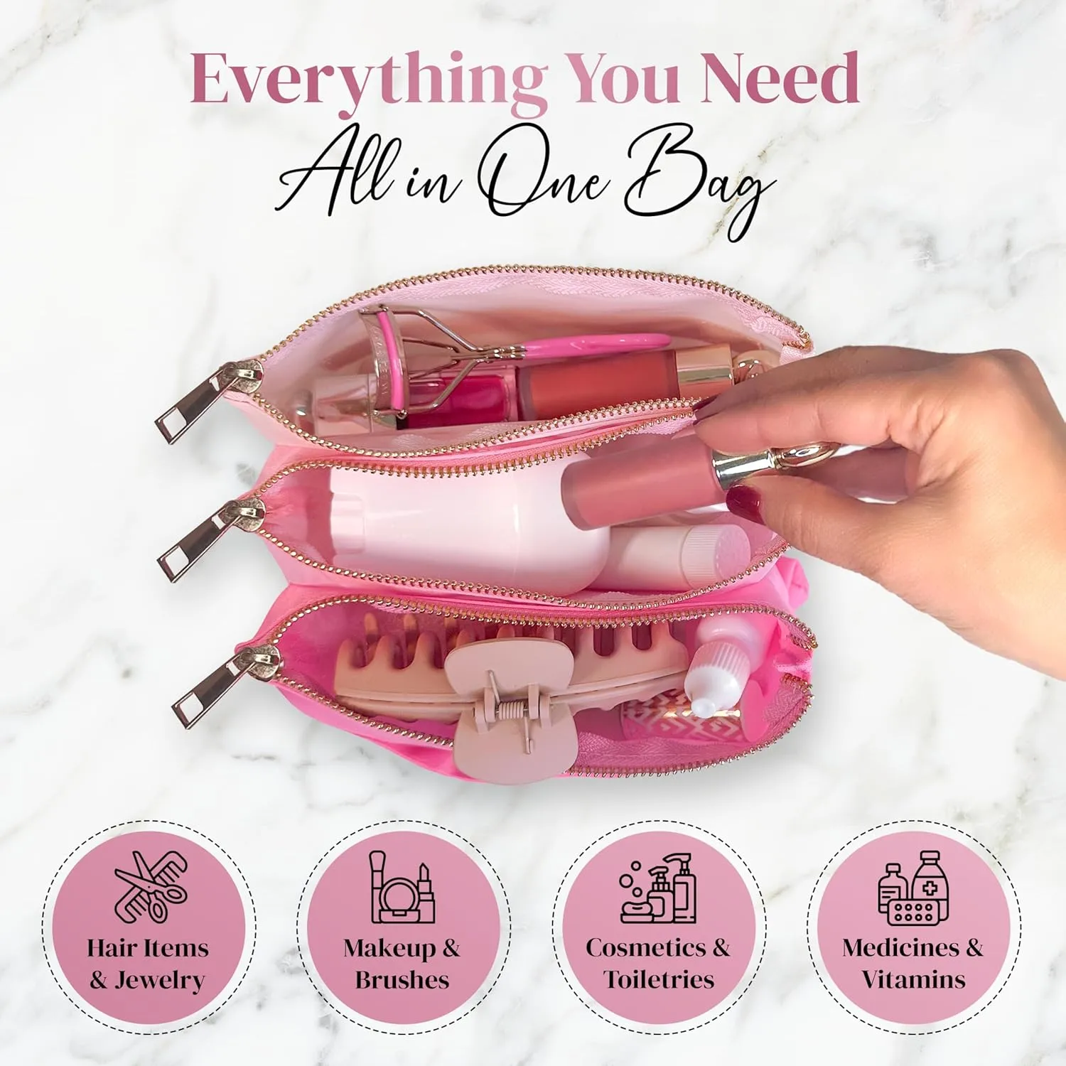 Accordion Makeup Bag, Travel Makeup Bag with 3 Compartments, Multi-Pouch Cosmetic Bags, Toiletry Bag for Women, Make up Accessories Organizer, Zipper Pouch Pink Preppy Stuff