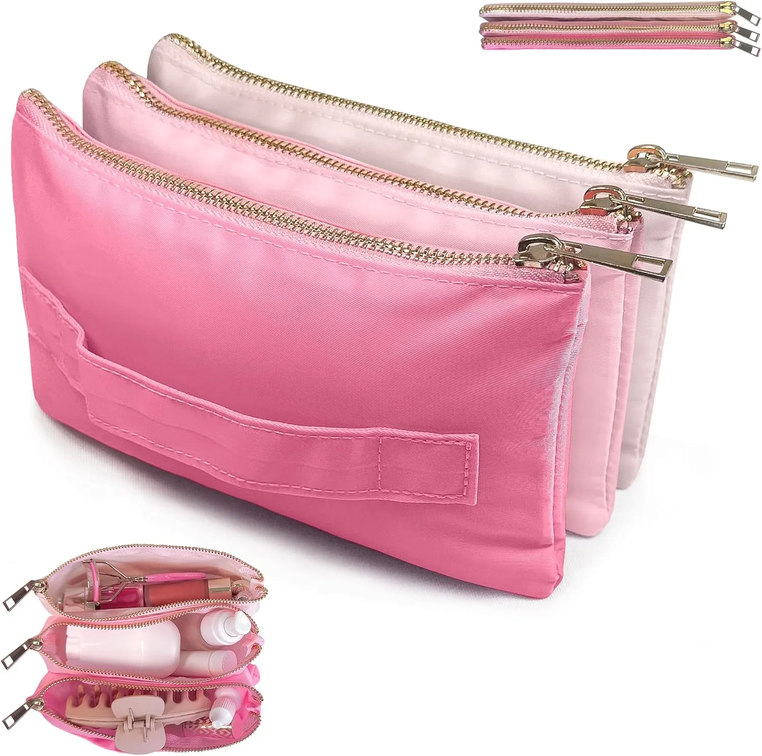 Accordion Makeup Bag, Travel Makeup Bag with 3 Compartments, Multi-Pouch Cosmetic Bags, Toiletry Bag for Women, Make up Accessories Organizer, Zipper Pouch Pink Preppy Stuff