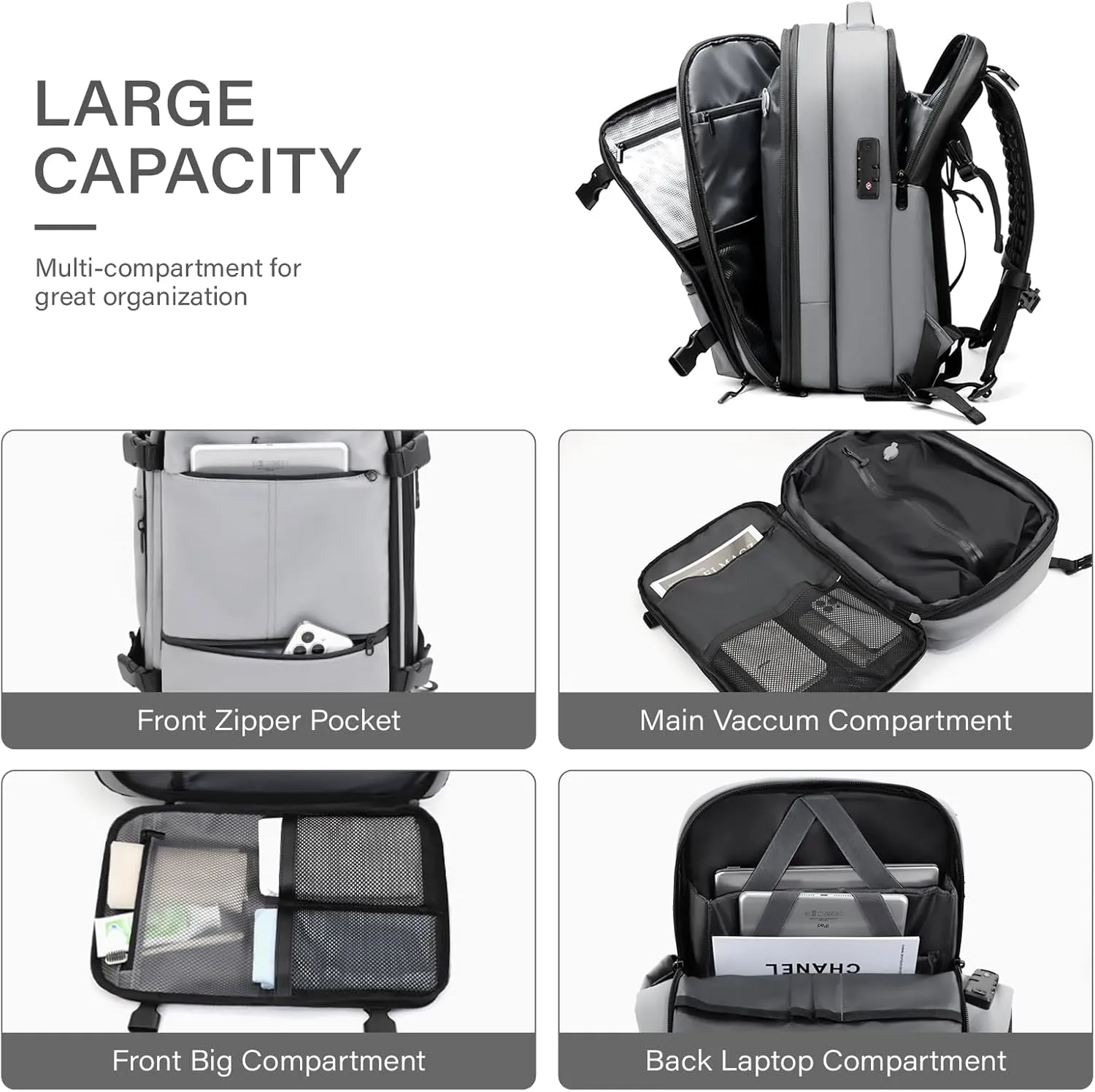 Airback Backpack,60L Expandable Vacuum Backpack Travel with TSA Lock,17.3 inch Laptop Backpack Vacpack with Vacuum(Grey,With Air Pump)