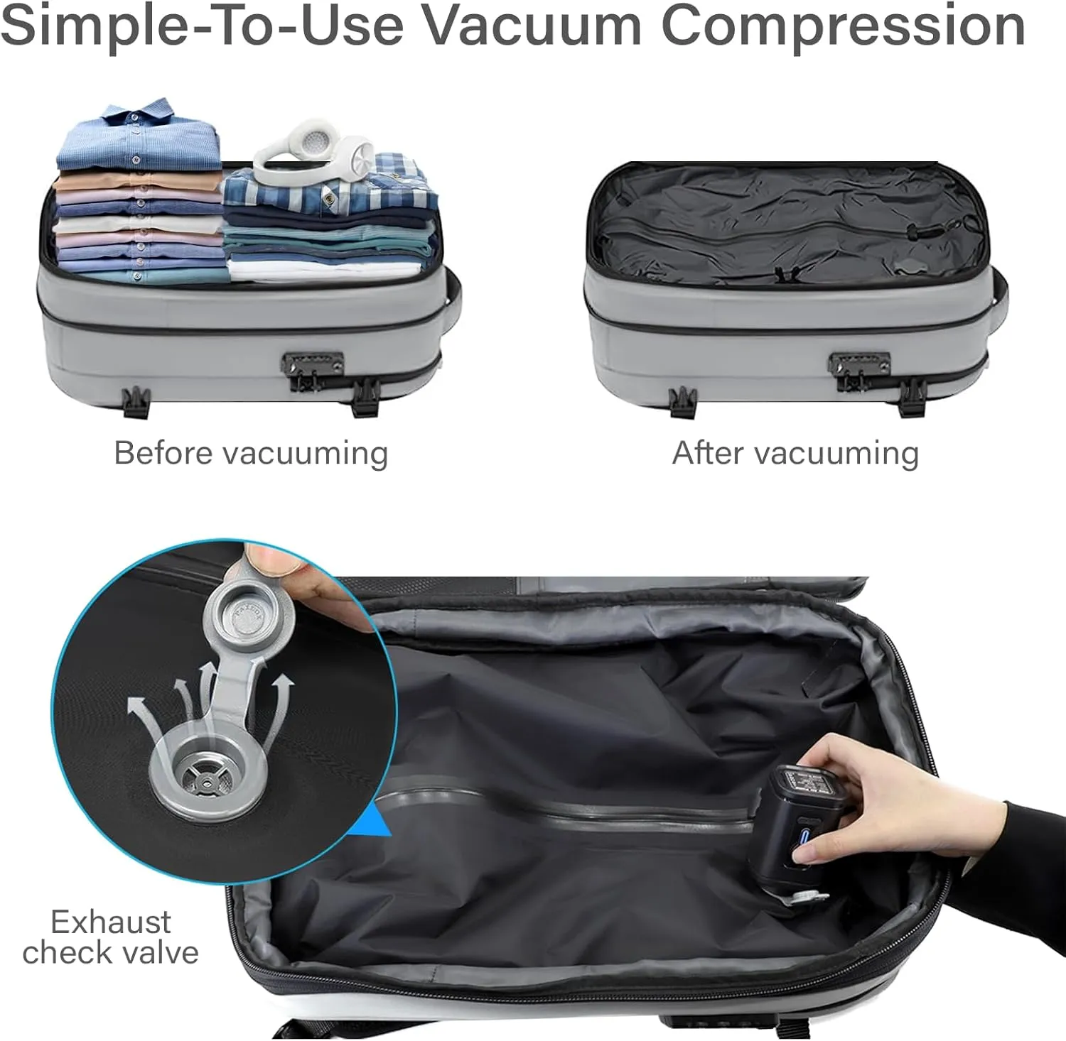 Airback Backpack,60L Expandable Vacuum Backpack Travel with TSA Lock,17.3 inch Laptop Backpack Vacpack with Vacuum(Grey,With Air Pump)