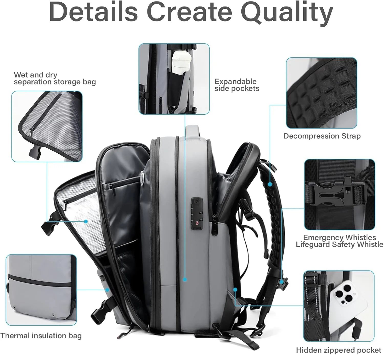 Airback Backpack,60L Expandable Vacuum Backpack Travel with TSA Lock,17.3 inch Laptop Backpack Vacpack with Vacuum(Grey,With Air Pump)
