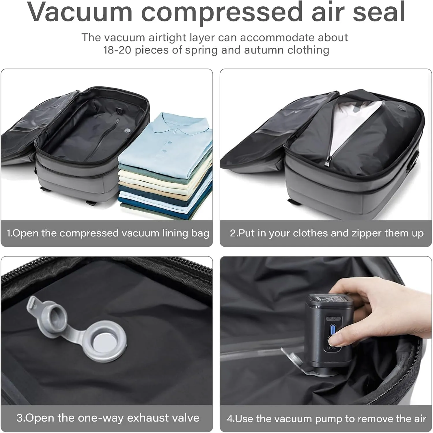 Airback Backpack,60L Expandable Vacuum Backpack Travel with TSA Lock,17.3 inch Laptop Backpack Vacpack with Vacuum(Grey,With Air Pump)