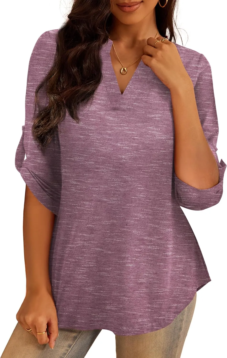 a.Jesdani Women's Plus Size Tops 3/4 Roll Sleeve Shirts V Neck Blouses Tunic Top