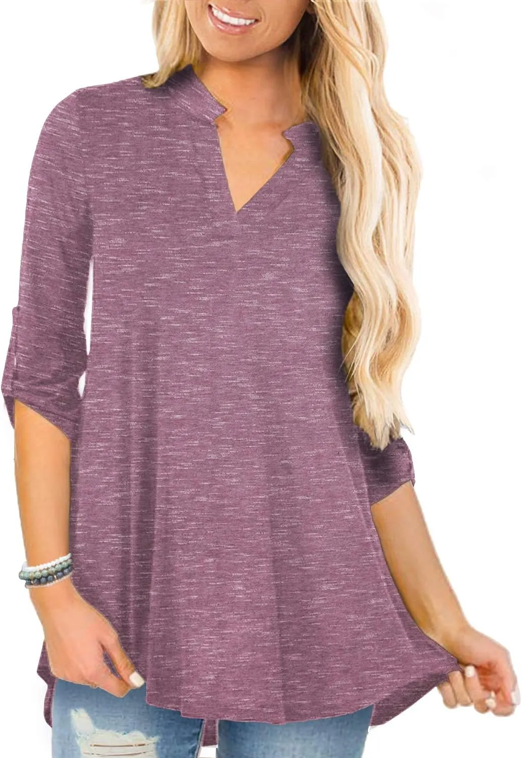 a.Jesdani Women's Plus Size Tops 3/4 Roll Sleeve Shirts V Neck Blouses Tunic Top