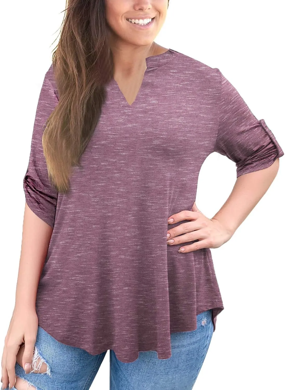 a.Jesdani Women's Plus Size Tops 3/4 Roll Sleeve Shirts V Neck Blouses Tunic Top