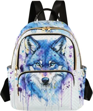 ALAZA Blue Purple Watercolor Wolf Mini Backpack Purse for Women Travel Bag Lightweight Shoulder Bag Fashion Daypack