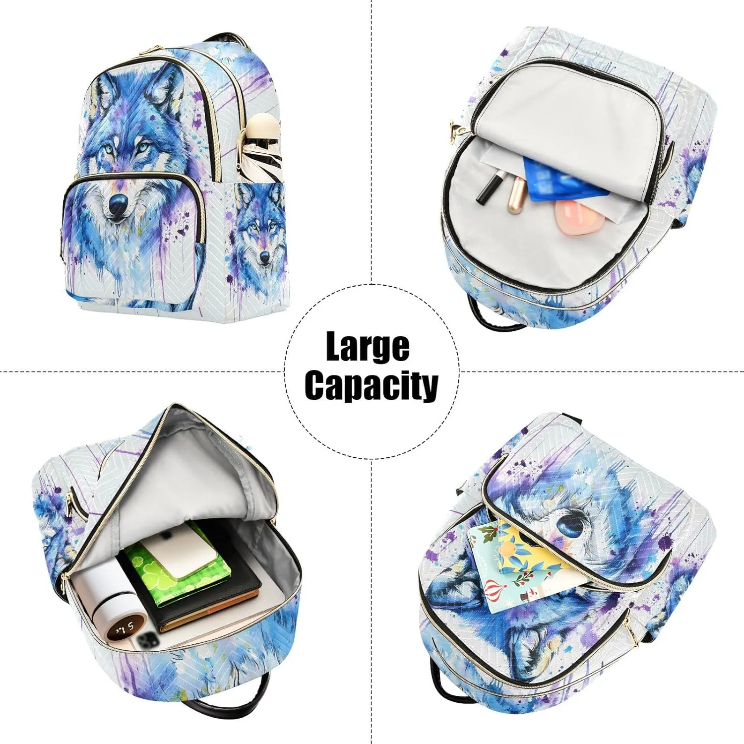 ALAZA Blue Purple Watercolor Wolf Mini Backpack Purse for Women Travel Bag Lightweight Shoulder Bag Fashion Daypack