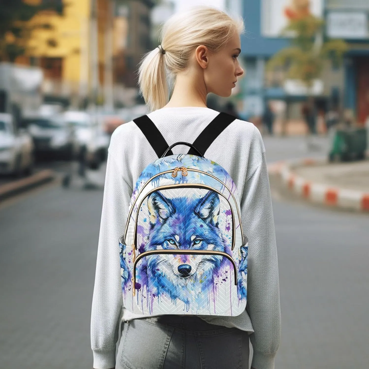 ALAZA Blue Purple Watercolor Wolf Mini Backpack Purse for Women Travel Bag Lightweight Shoulder Bag Fashion Daypack