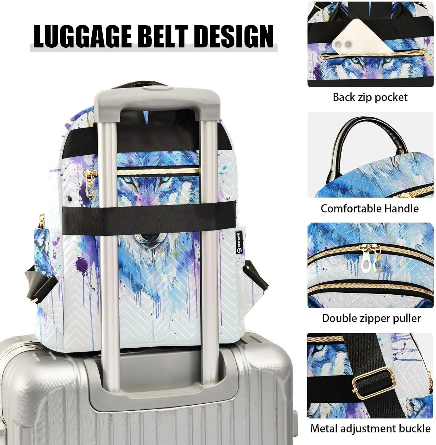 ALAZA Blue Purple Watercolor Wolf Mini Backpack Purse for Women Travel Bag Lightweight Shoulder Bag Fashion Daypack