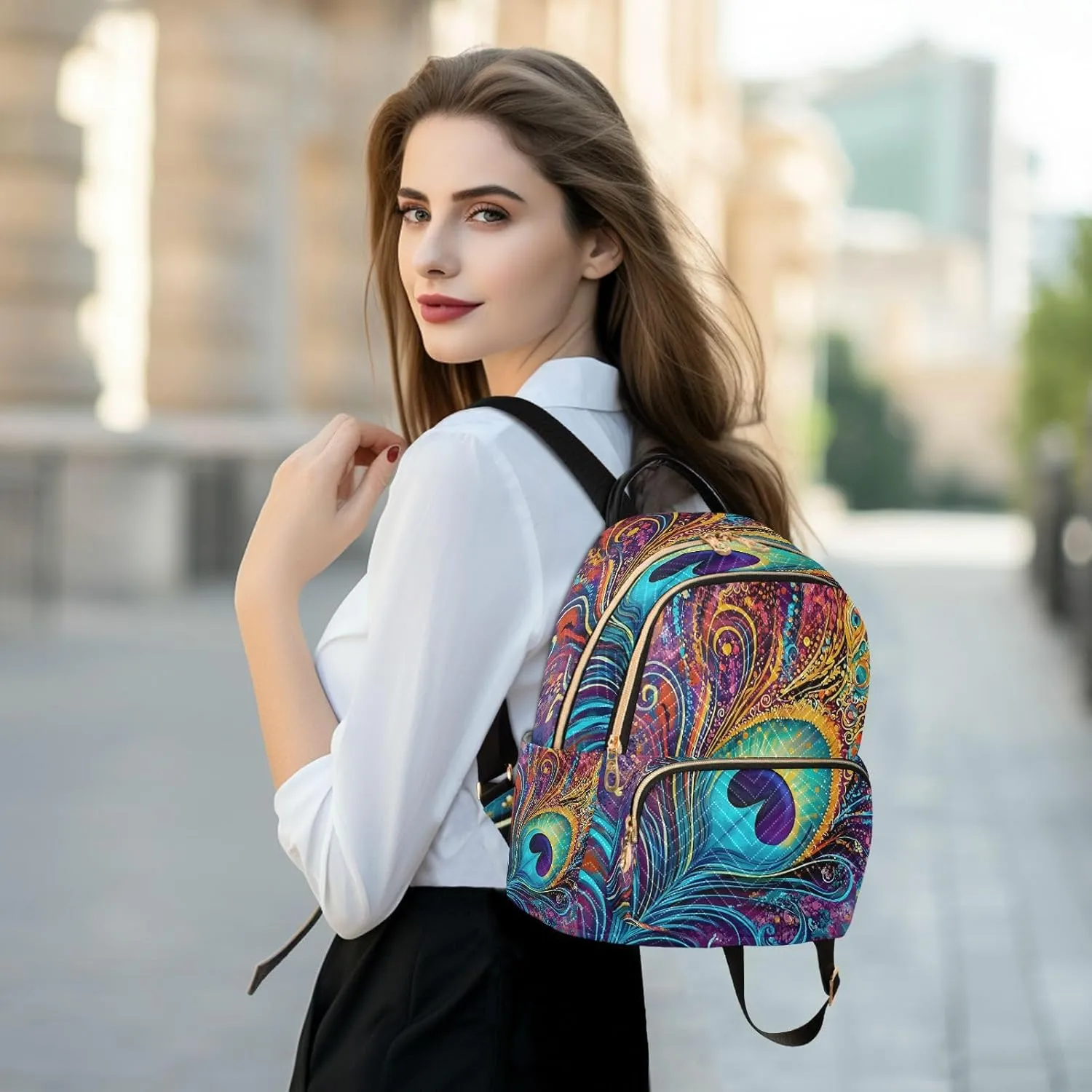 ALAZA Colorful Peacock Feather Mini Backpack Purse for Women Travel Bag Lightweight Shoulder Bag Fashion Daypack