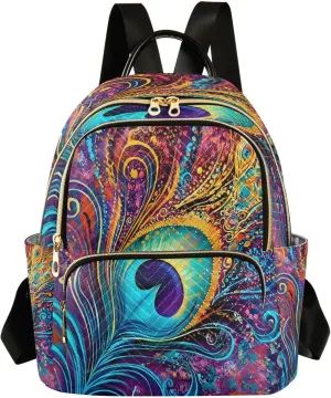 ALAZA Colorful Peacock Feather Mini Backpack Purse for Women Travel Bag Lightweight Shoulder Bag Fashion Daypack