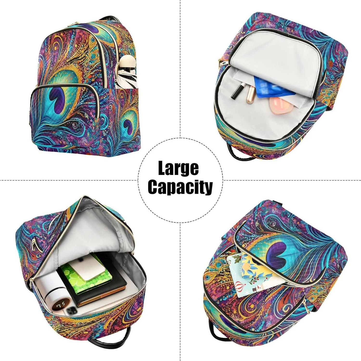 ALAZA Colorful Peacock Feather Mini Backpack Purse for Women Travel Bag Lightweight Shoulder Bag Fashion Daypack