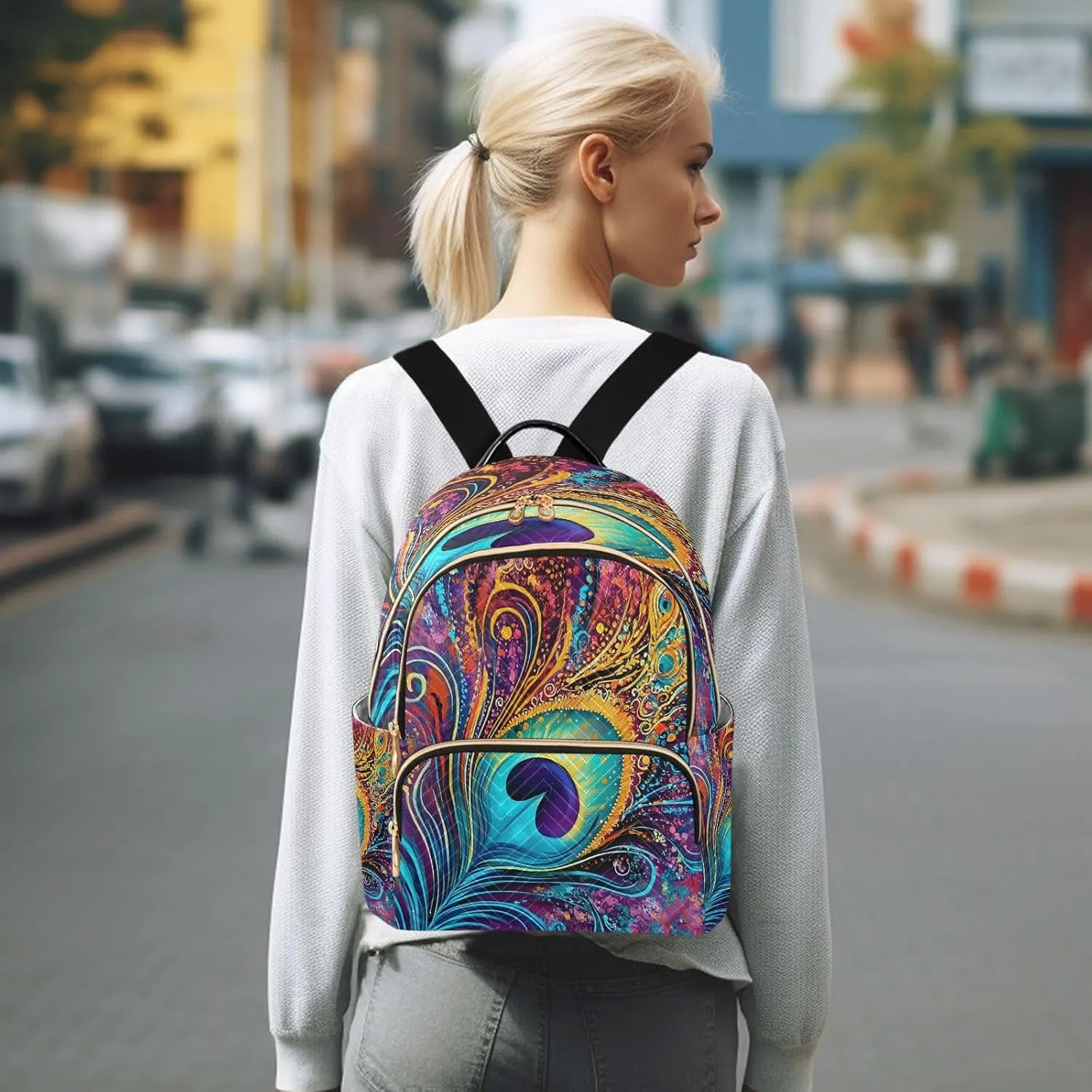 ALAZA Colorful Peacock Feather Mini Backpack Purse for Women Travel Bag Lightweight Shoulder Bag Fashion Daypack