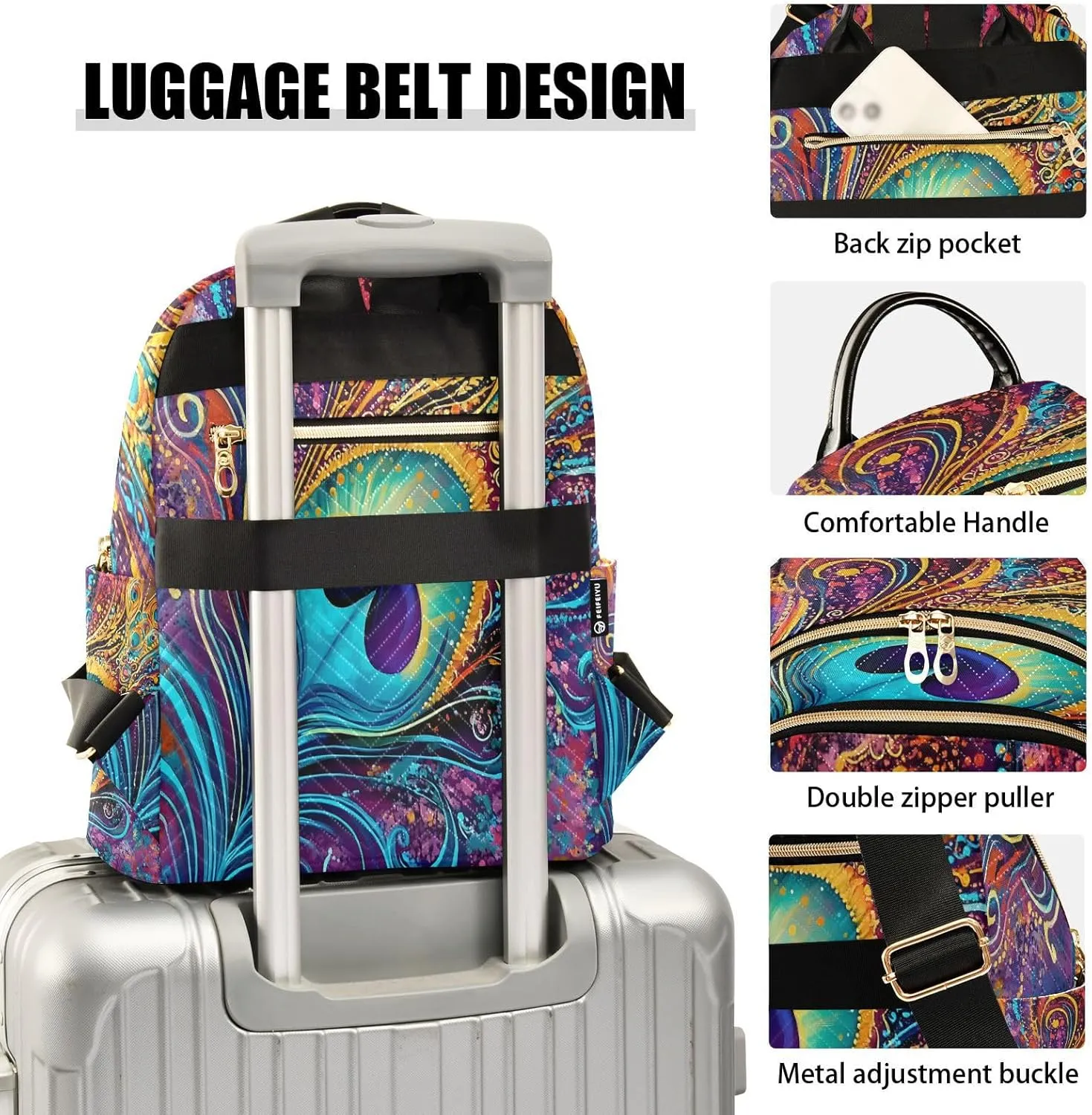 ALAZA Colorful Peacock Feather Mini Backpack Purse for Women Travel Bag Lightweight Shoulder Bag Fashion Daypack