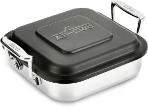 All-Clad Specialty Stainless Steel and Plastic Lid Square Covered Baking Pan 8x8 Inch Oven Broiler Safe 600F Pots and Pans Silver