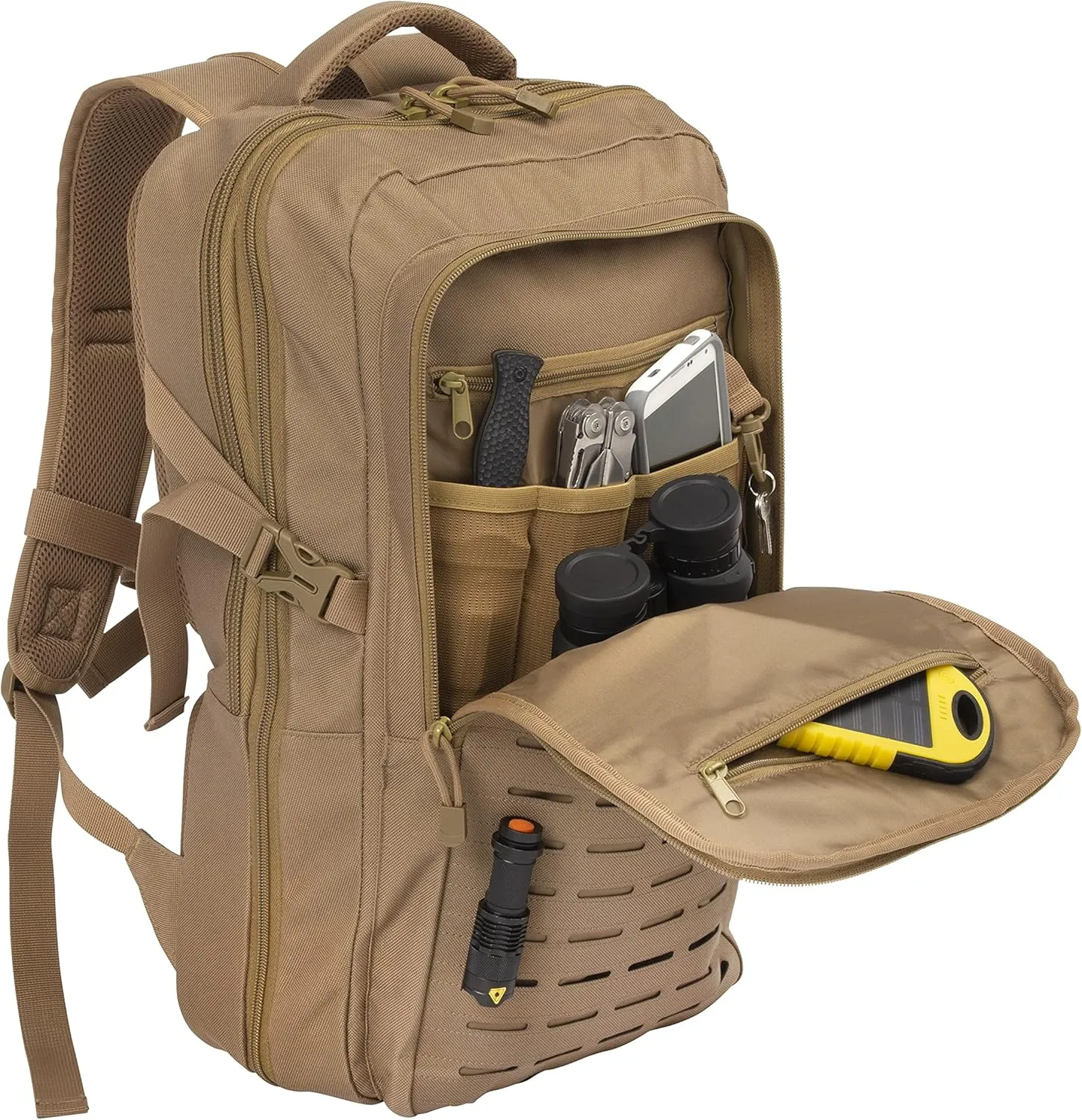 Allen Company Tac-Six Trench Tactical Expandable Backpack, Customizable Die-Cut MOLLE System, with Padded Laptop Sleeve, 11 L x 6 W x 19 H inches, 1254 cu.in. (20.6 liters), Coyote Brown, one Size