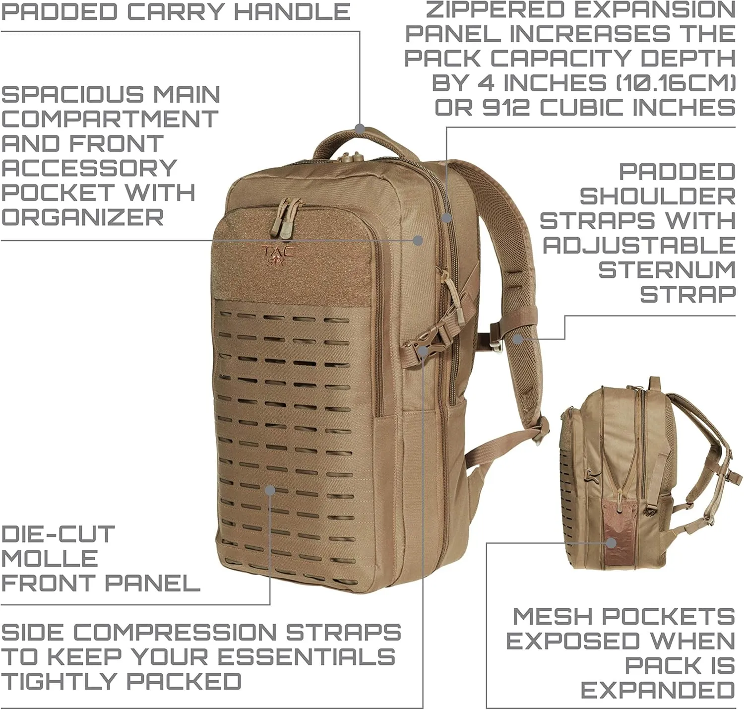 Allen Company Tac-Six Trench Tactical Expandable Backpack, Customizable Die-Cut MOLLE System, with Padded Laptop Sleeve, 11 L x 6 W x 19 H inches, 1254 cu.in. (20.6 liters), Coyote Brown, one Size