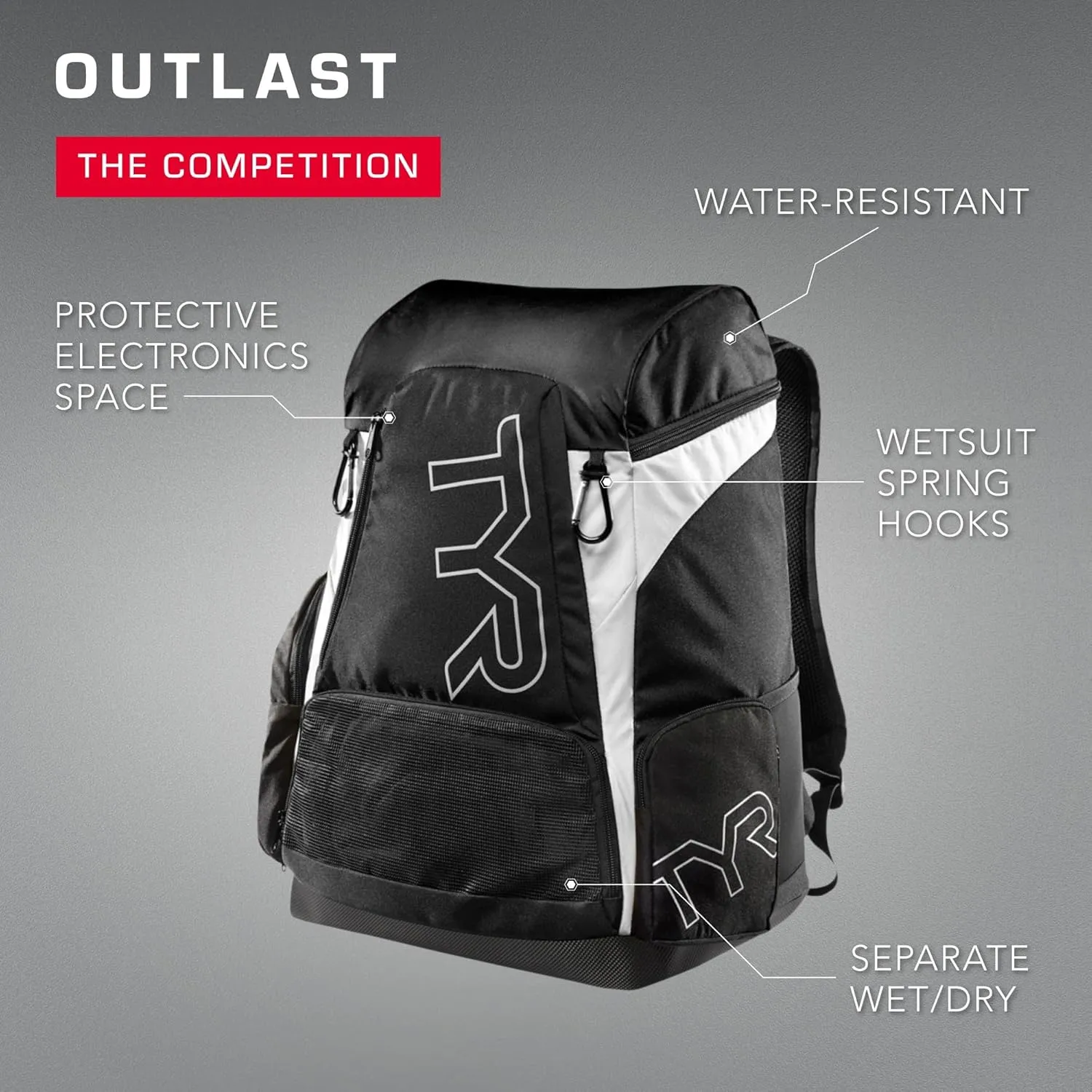 Alliance Backpack, 45L Capacity, Wet and Dry Compartments, Team Colors, White/Black, 45 Liter