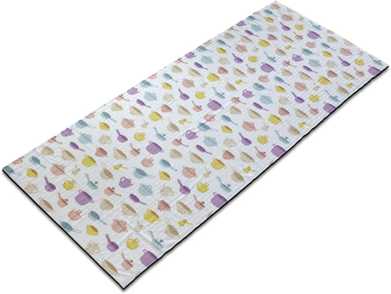 Ambesonne Kitchen Yoga Mat Towel, Colorful Cooking Pots Teapot Food Tools Frying Pan Household Utensils Tableware, Non-Slip Sweat Absorbent Yoga Pilates Workout Pad Cover, 25" x 70", Multicolor