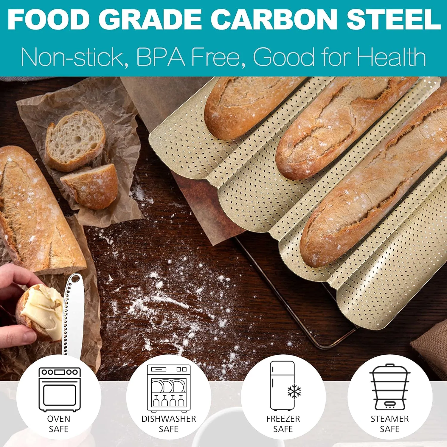 Anaeat 2 Pack Nonstick Perforated French Bread Baking Pan, 15"X 13" Premium Toast Mold for 4 Loaves Baguettes, French & Italian Bread Trays for Baking Loaf Bread, Ventilation & Heat Resistant (Gloden)