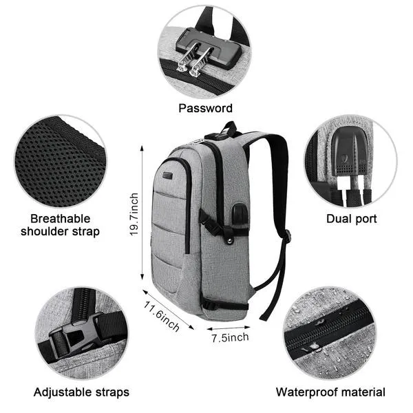 Anti Theft Waterproof Classic Backpack with USB Charging Port and Headphone Interface