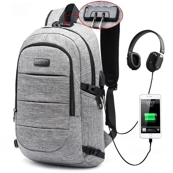 Anti Theft Waterproof Classic Backpack with USB Charging Port and Headphone Interface