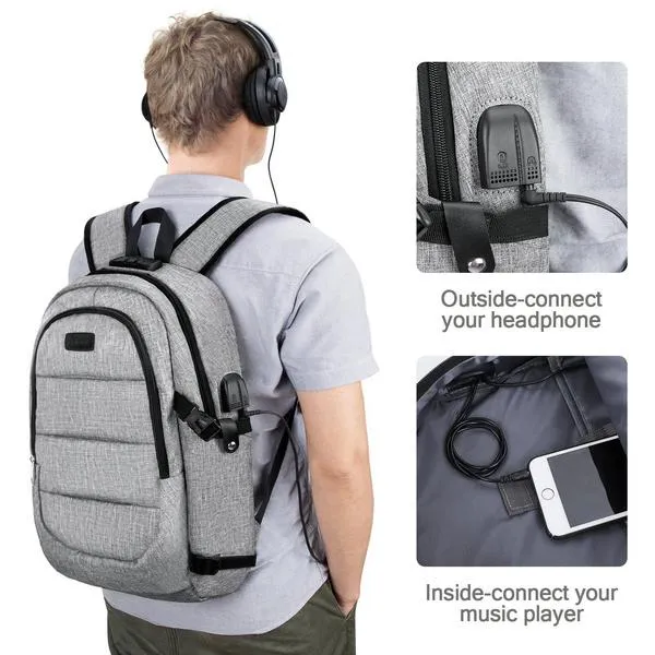 Anti Theft Waterproof Classic Backpack with USB Charging Port and Headphone Interface