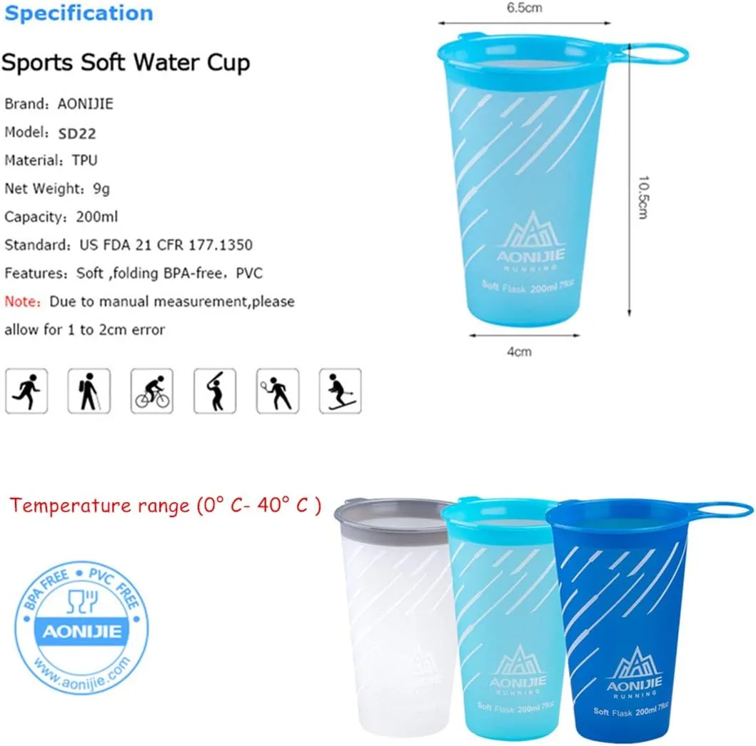 AONIJIE 2 Pcs Sports Collapsible Water Bottle BPA Free - TPU Soft Drink Kettle Foldable Flask for Hiking Bicycling Running Climbing (3 PCS 200ml Water Cup)