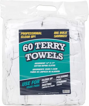 Arkwright TT60 Terry Cloth Towels for Cleaning - (Pack of 60) 100% Cotton Washable Heavy Duty Bar Mop, Absorbent & Quick Drying, Bag of Rags for Kitchen, Auto Shop, and Garage, 14 x 17 in, White