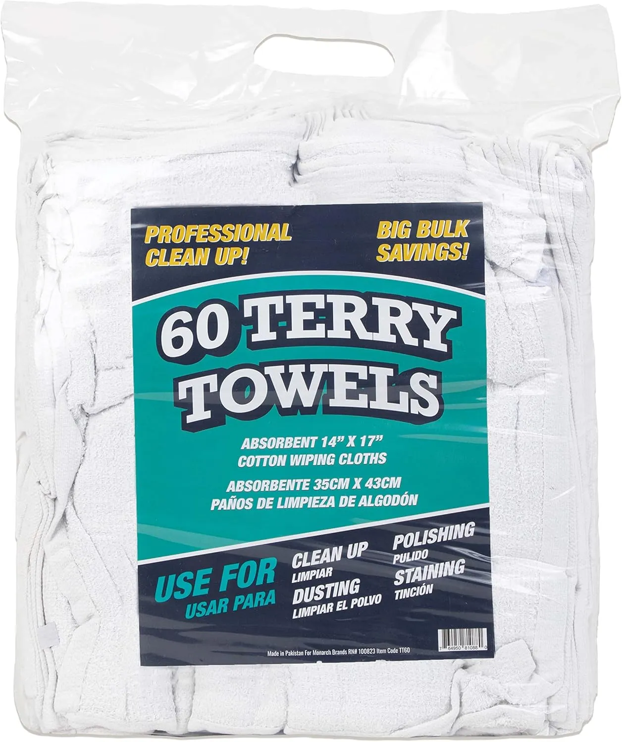 Arkwright TT60 Terry Cloth Towels for Cleaning - (Pack of 60) 100% Cotton Washable Heavy Duty Bar Mop, Absorbent & Quick Drying, Bag of Rags for Kitchen, Auto Shop, and Garage, 14 x 17 in, White