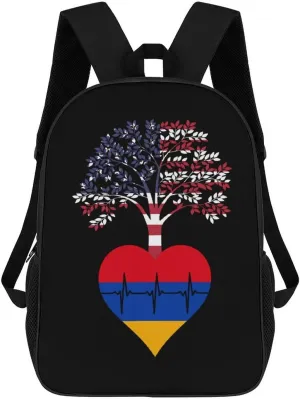 Armenia US Root Heartbeat Fashion 17 Inch Backpack Simple Shoulders Daypacks Lightweight Laptop Bag Travel Gear